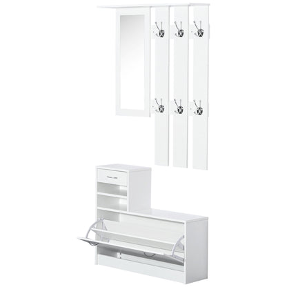 Entryway Hall Tree with Mirror Coat Rack and Shoe Storage 2-Piece Entryway Furniture with 6 Hooks Shelves and Flip-Down Drawer for Hallway White