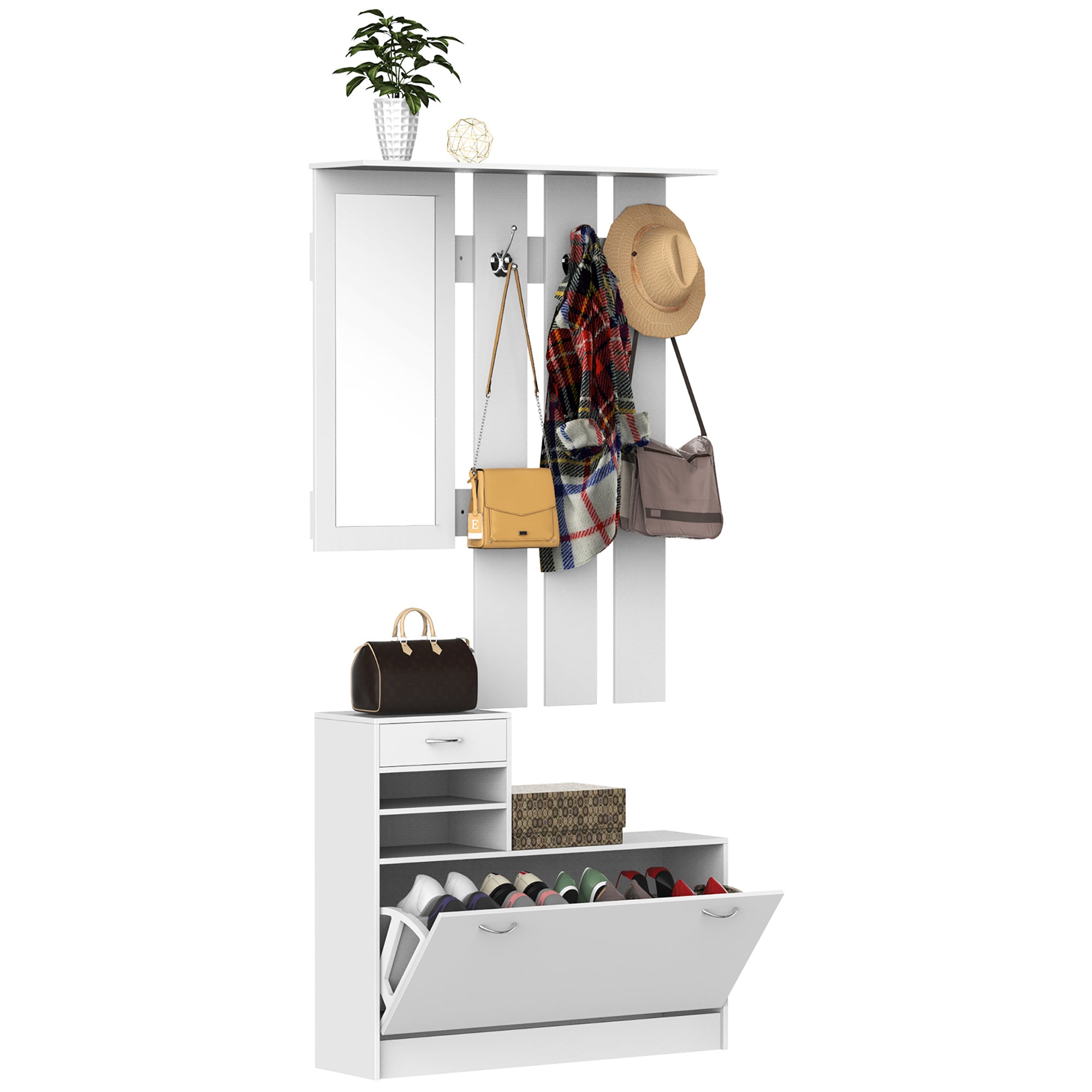 Entryway Hall Tree with Mirror Coat Rack and Shoe Storage 2-Piece Entryway Furniture with 6 Hooks Shelves and Flip-Down Drawer for Hallway White