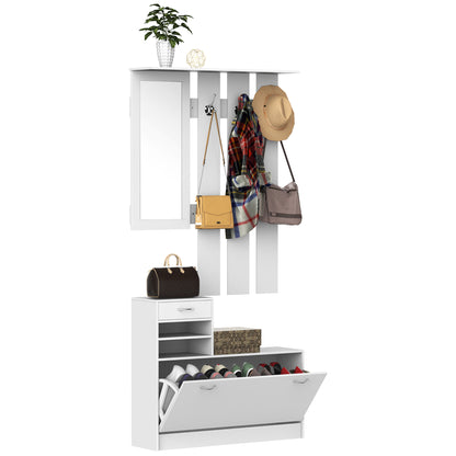 Entryway Hall Tree with Mirror Coat Rack and Shoe Storage 2-Piece Entryway Furniture with 6 Hooks Shelves and Flip-Down Drawer for Hallway White