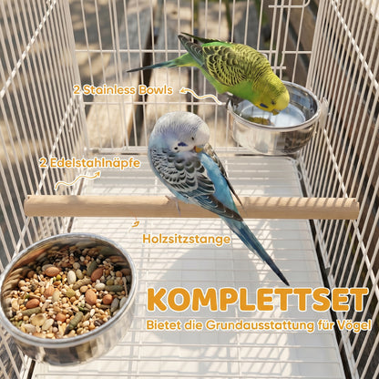 Collapsible Bird Cage with Wooden Perch, 2 Stainless Bowls & Carry Handle — Steel Cage with Removable Tray for Budgies & Cockatiels, White, 49 x 31 x 40 cm (19.3 x 12.2 x 15.7 in)