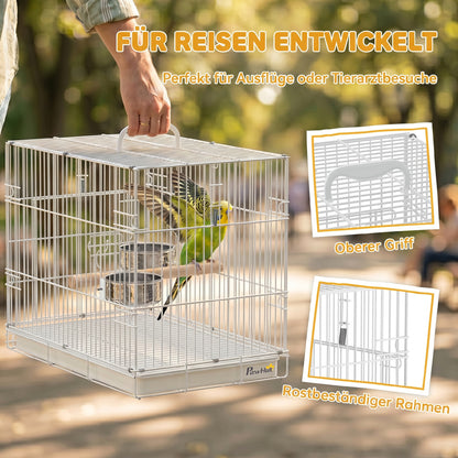 Collapsible Bird Cage with Wooden Perch, 2 Stainless Bowls & Carry Handle — Steel Cage with Removable Tray for Budgies & Cockatiels, White, 49 x 31 x 40 cm (19.3 x 12.2 x 15.7 in)