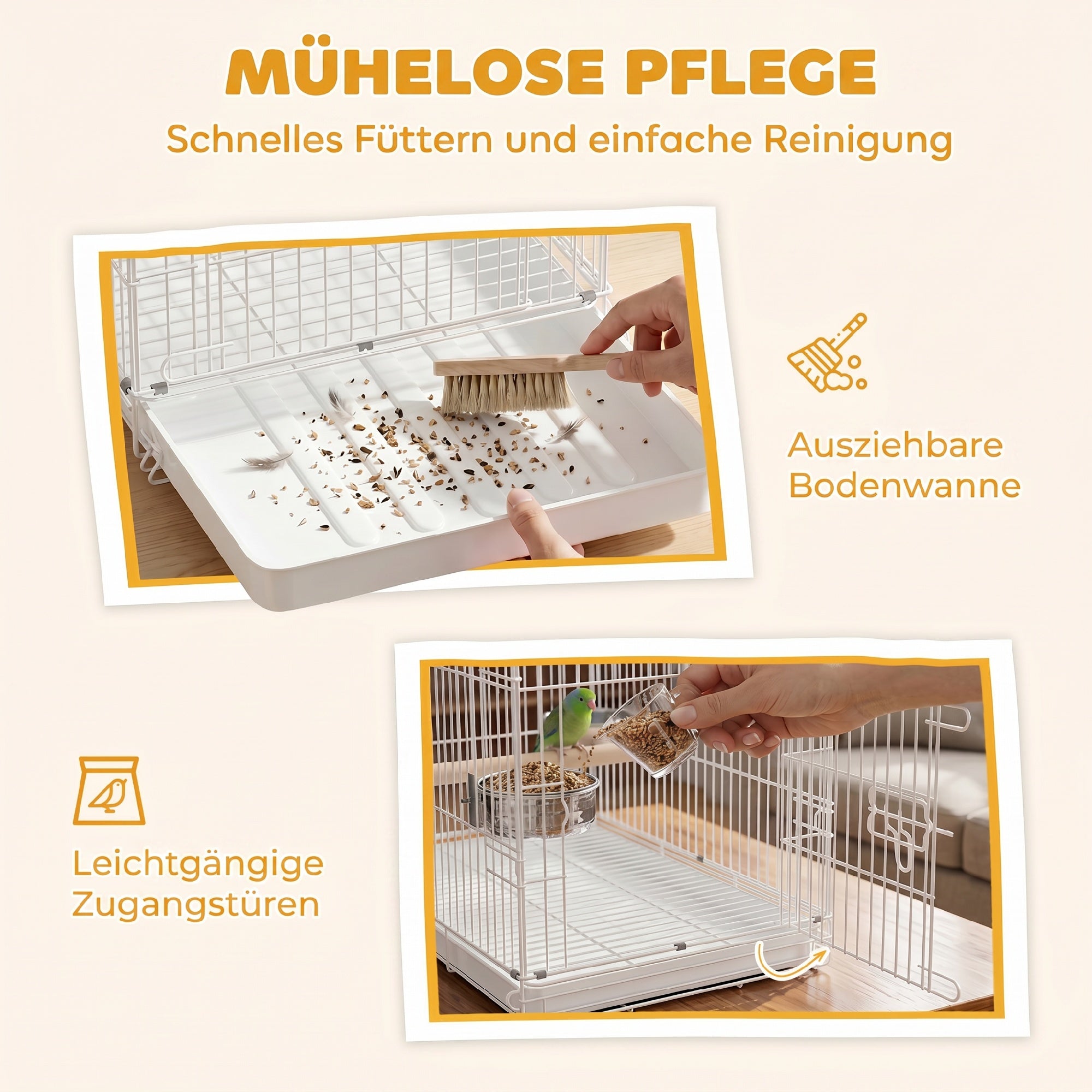 Collapsible Bird Cage with Wooden Perch, 2 Stainless Bowls & Carry Handle — Steel Cage with Removable Tray for Budgies & Cockatiels, White, 49 x 31 x 40 cm (19.3 x 12.2 x 15.7 in)