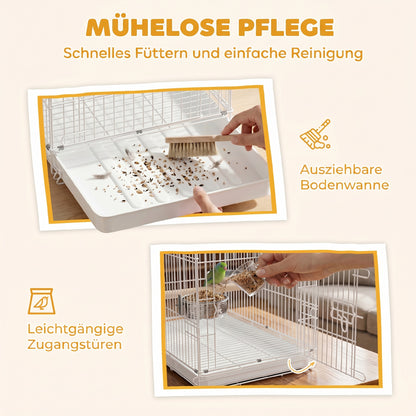 Collapsible Bird Cage with Wooden Perch, 2 Stainless Bowls & Carry Handle — Steel Cage with Removable Tray for Budgies & Cockatiels, White, 49 x 31 x 40 cm (19.3 x 12.2 x 15.7 in)
