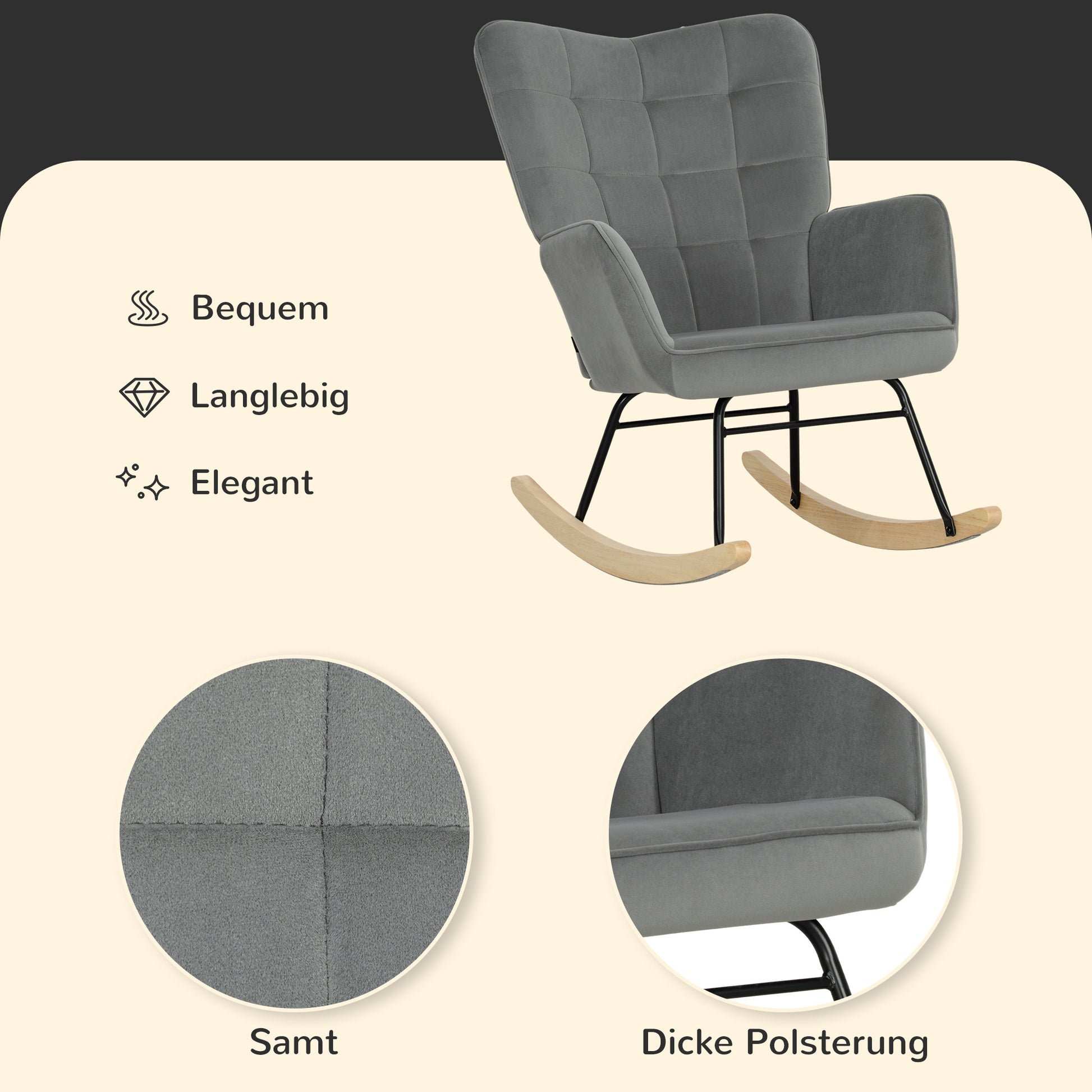 Rocking Chair, Rocking Armchair with Velvet Look, Armrest, Padded Seat with Wooden Rockers, Relaxing Chair for Living Room, Bedroom, up to 120kg Load Capacity, Dark Gray