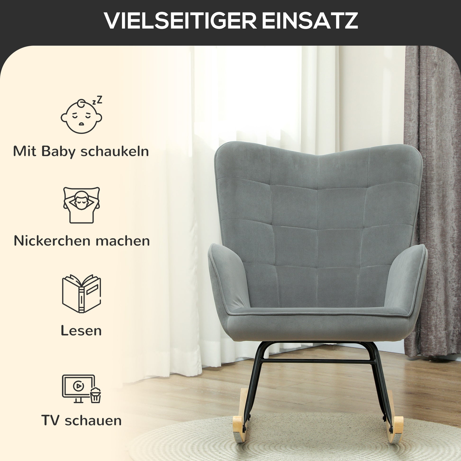 Rocking Chair, Rocking Armchair with Velvet Look, Armrest, Padded Seat with Wooden Rockers, Relaxing Chair for Living Room, Bedroom, up to 120kg Load Capacity, Dark Gray