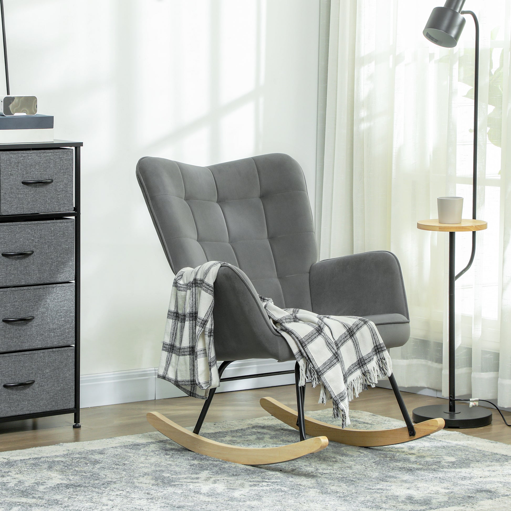 Rocking Chair, Rocking Armchair with Velvet Look, Armrest, Padded Seat with Wooden Rockers, Relaxing Chair for Living Room, Bedroom, up to 120kg Load Capacity, Dark Gray