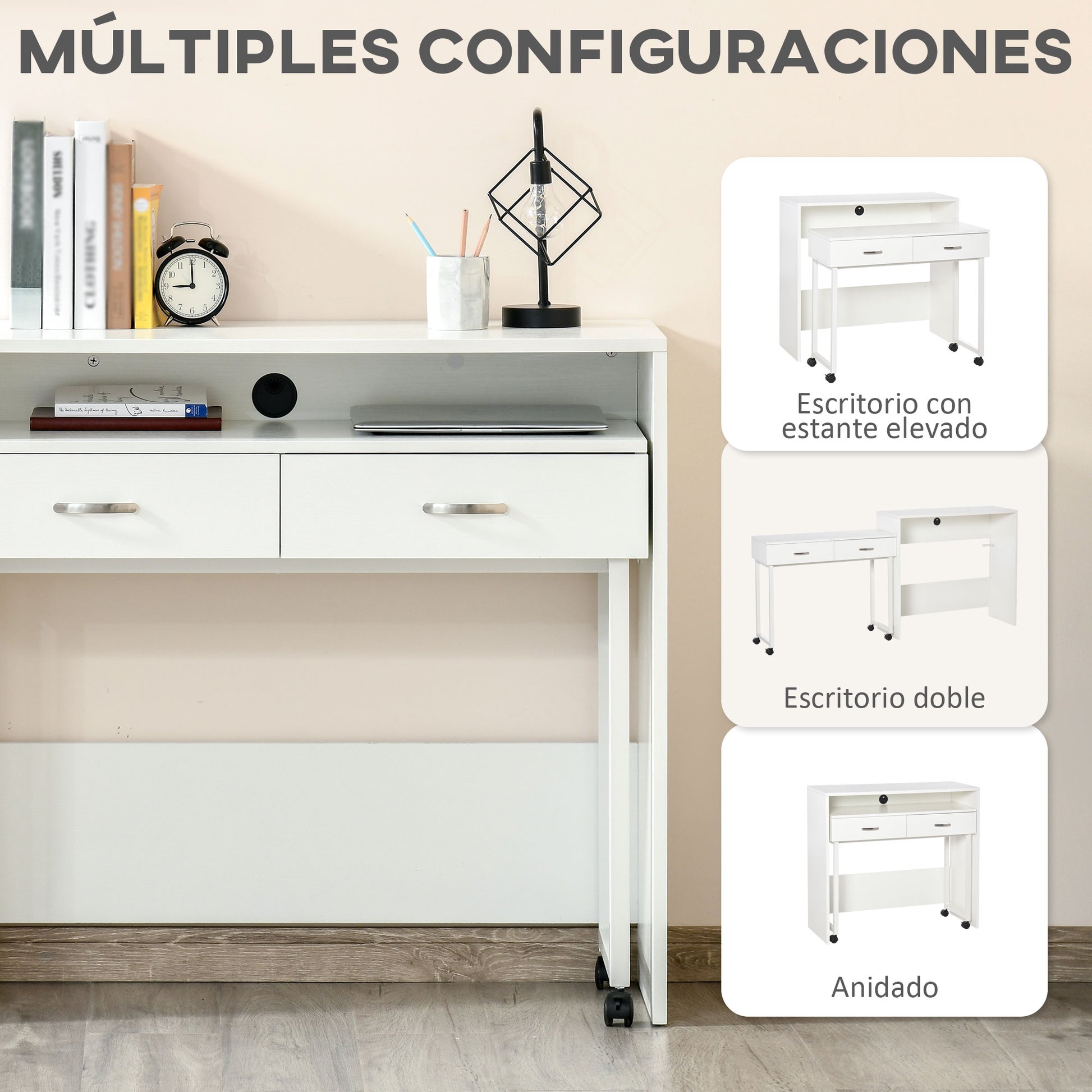 Stackable Desks Set of 2 Computer Desks with Wheels 2 Drawers for Office 100x36x88 cm White