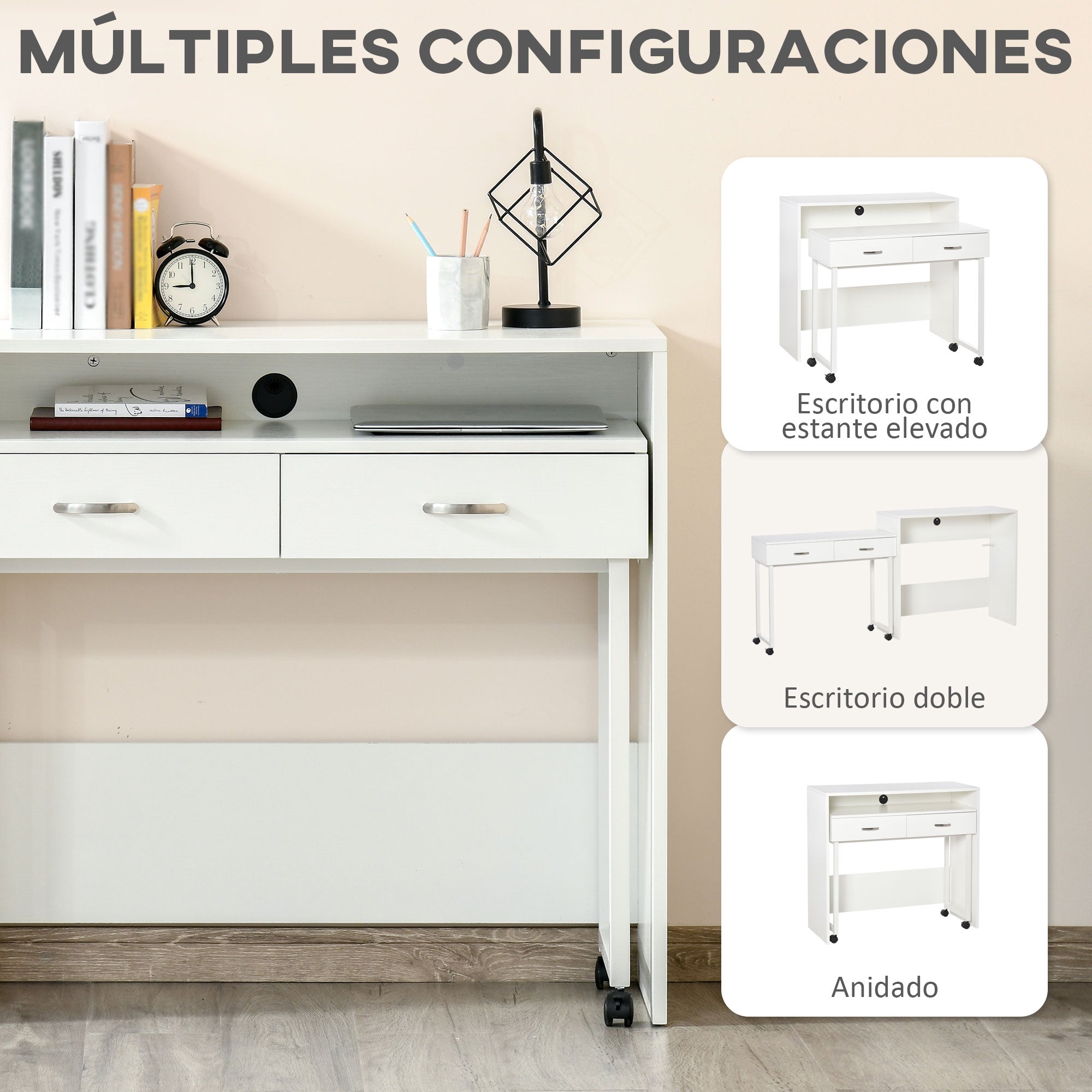 Stackable Desks Set of 2 Computer Desks with Wheels 2 Drawers for Office 100x36x88 cm White
