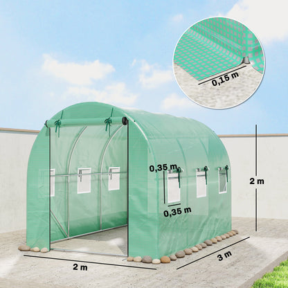 Tunnel Greenhouse 3 x 2 x 2 m with PE Cover, 2 Roll-Up Zip Doors & 6 Mesh Windows, Support Bars, Extended Hems, UV-Protected – Green
