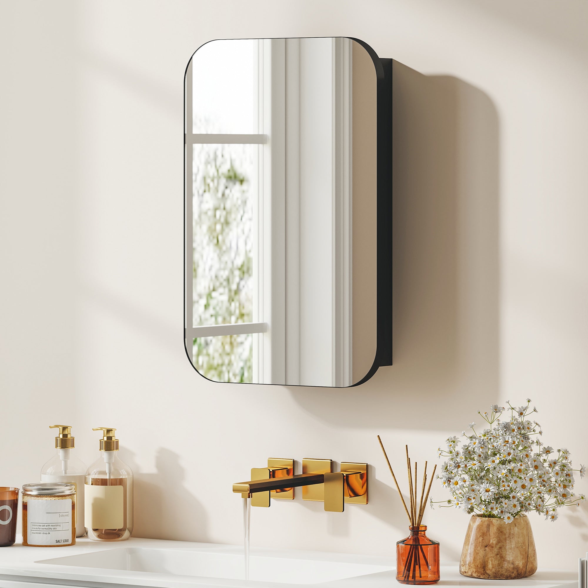 Bathroom Mirrored Cabinet, Wall-Mounted Black Medicine Cabinet with Adjustable Shelves and Soft-Close Door, 15.7 x 3.9 x 23.6 in
