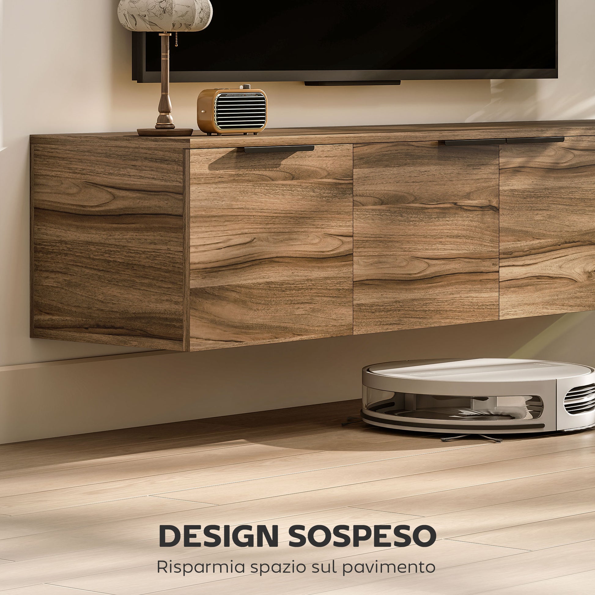 Wall Mounted TV Stand for 65" TVs, TV Cabinet with 3 Cabinets and Removable Shelves, for Living Room, Bedroom, and Lounge, 150x35x32 cm, Brown
