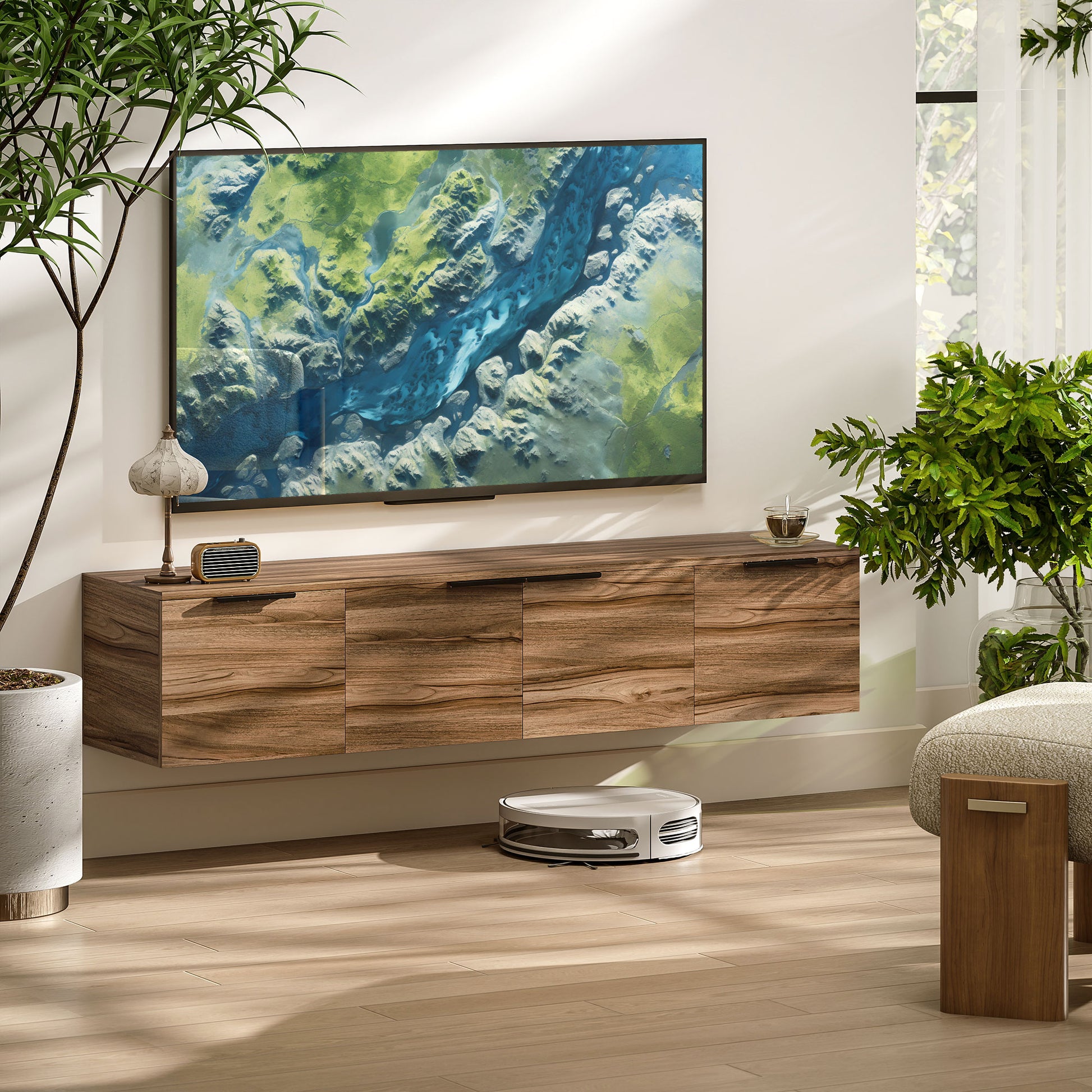 Wall Mounted TV Stand for 65" TVs, TV Cabinet with 3 Cabinets and Removable Shelves, for Living Room, Bedroom, and Lounge, 150x35x32 cm, Brown