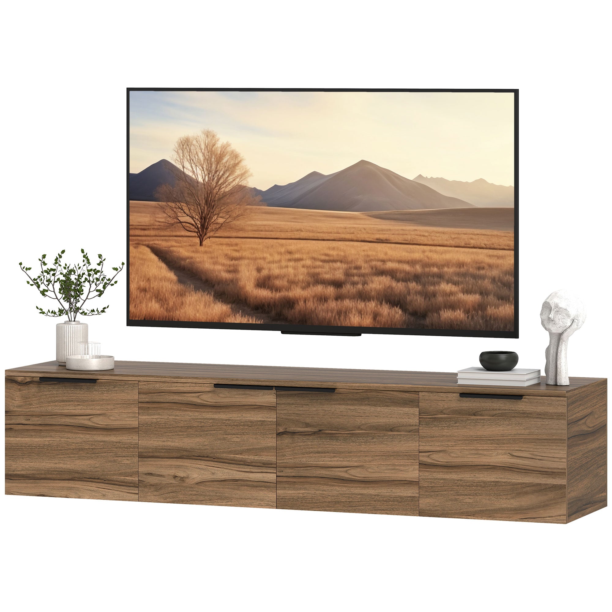 Wall Mounted TV Stand for 65" TVs, TV Cabinet with 3 Cabinets and Removable Shelves, for Living Room, Bedroom, and Lounge, 150x35x32 cm, Brown