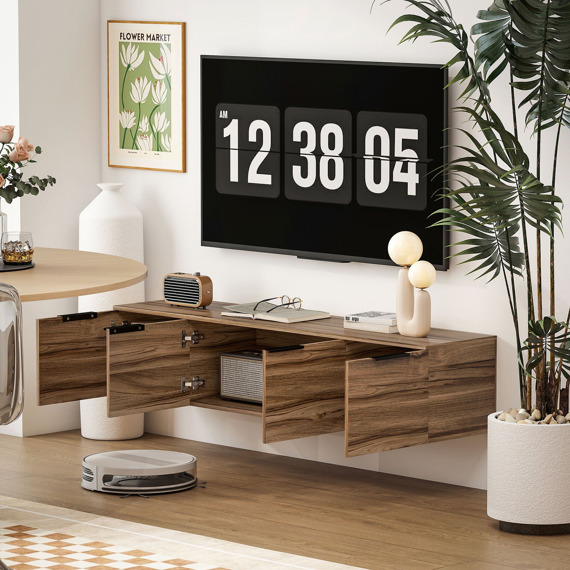Wall Mounted TV Stand for 65" TVs, TV Cabinet with 3 Cabinets and Removable Shelves, for Living Room, Bedroom, and Lounge, 150x35x32 cm, Brown