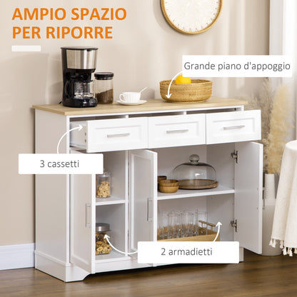 Modern Sideboard for Kitchen and Living Room in MDF and Chipboard with Adjustable Shelf, Multi-Purpose Cabinet with 3 Drawers and 3 Doors, 101x39x82 cm, White