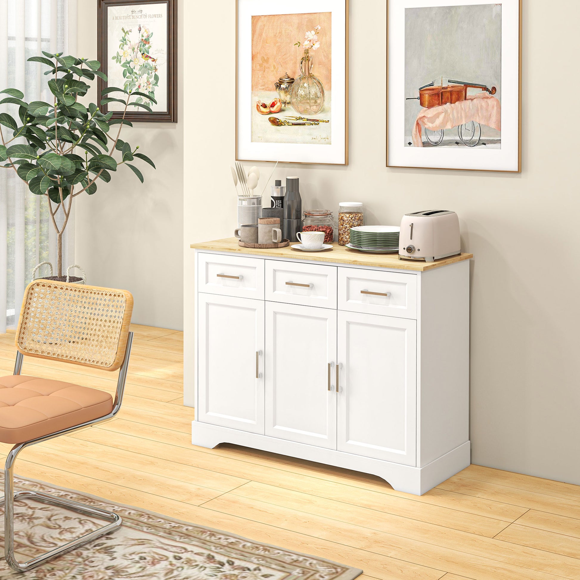 Modern Sideboard for Kitchen and Living Room in MDF and Chipboard with Adjustable Shelf, Multi-Purpose Cabinet with 3 Drawers and 3 Doors, 101x39x82 cm, White