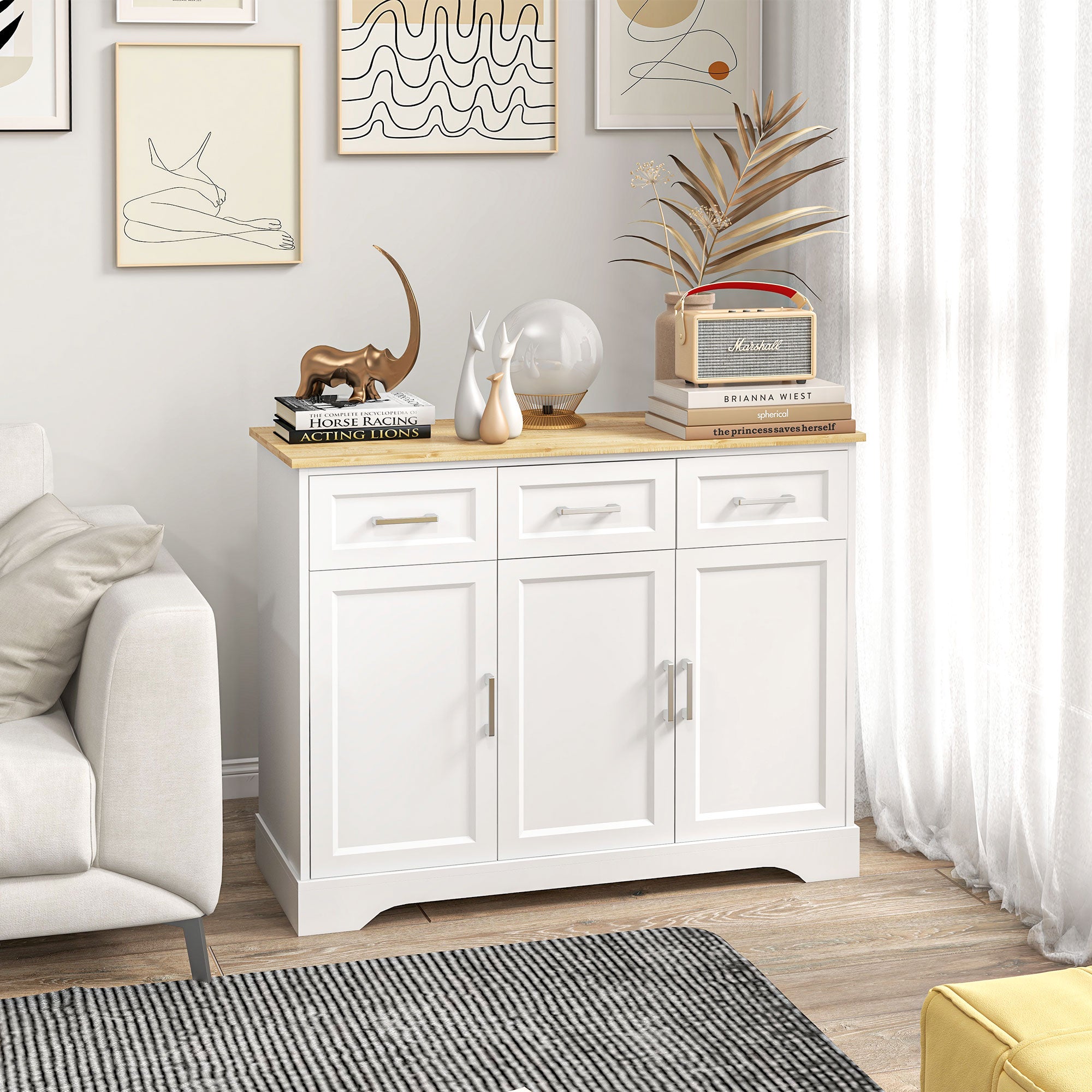 Modern Sideboard for Kitchen and Living Room in MDF and Chipboard with Adjustable Shelf, Multi-Purpose Cabinet with 3 Drawers and 3 Doors, 101x39x82 cm, White