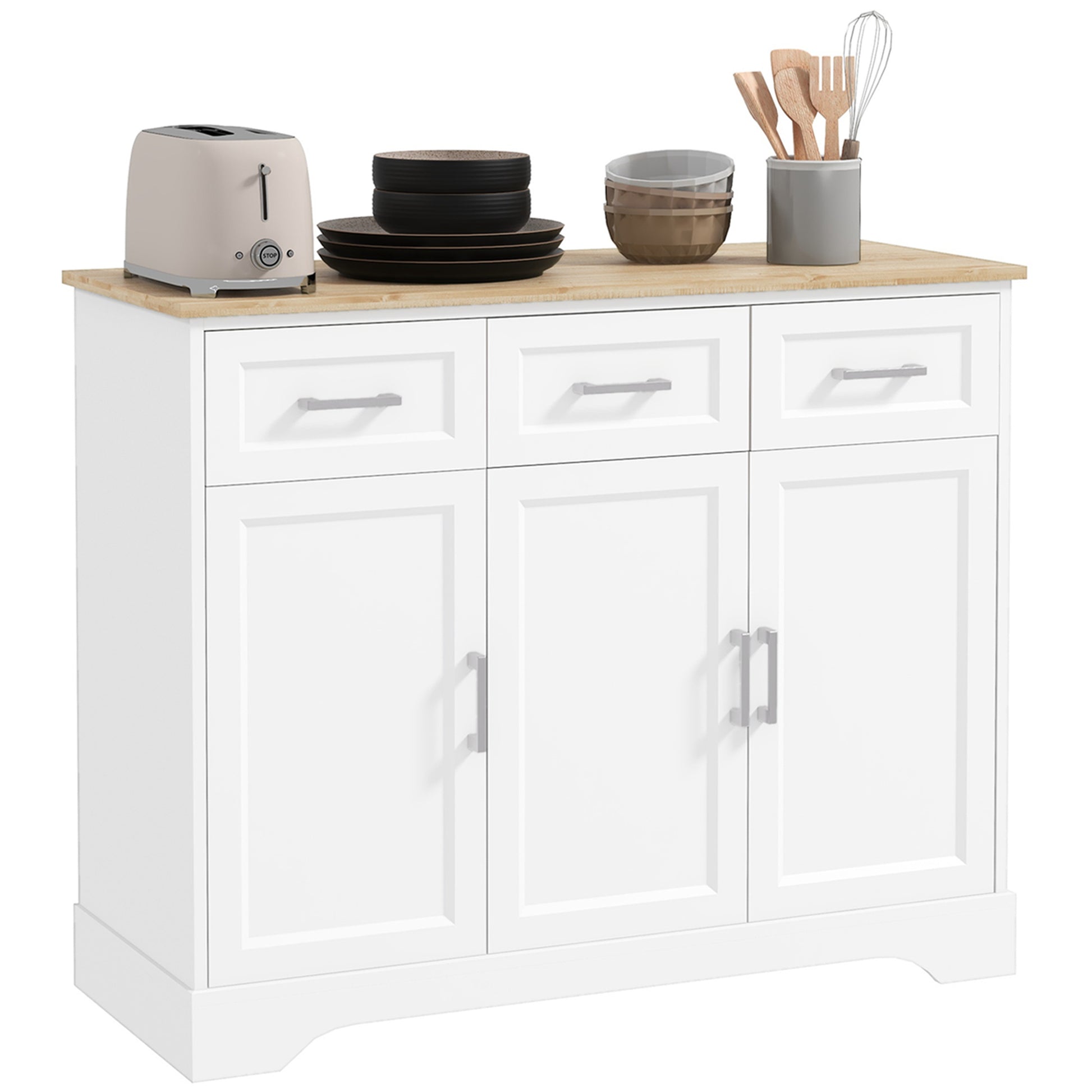 Modern Sideboard for Kitchen and Living Room in MDF and Chipboard with Adjustable Shelf, Multi-Purpose Cabinet with 3 Drawers and 3 Doors, 101x39x82 cm, White