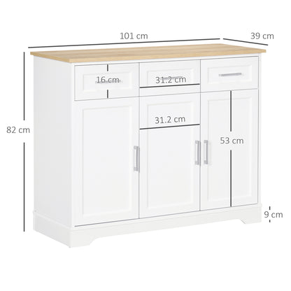 Modern Sideboard for Kitchen and Living Room in MDF and Chipboard with Adjustable Shelf, Multi-Purpose Cabinet with 3 Drawers and 3 Doors, 101x39x82 cm, White