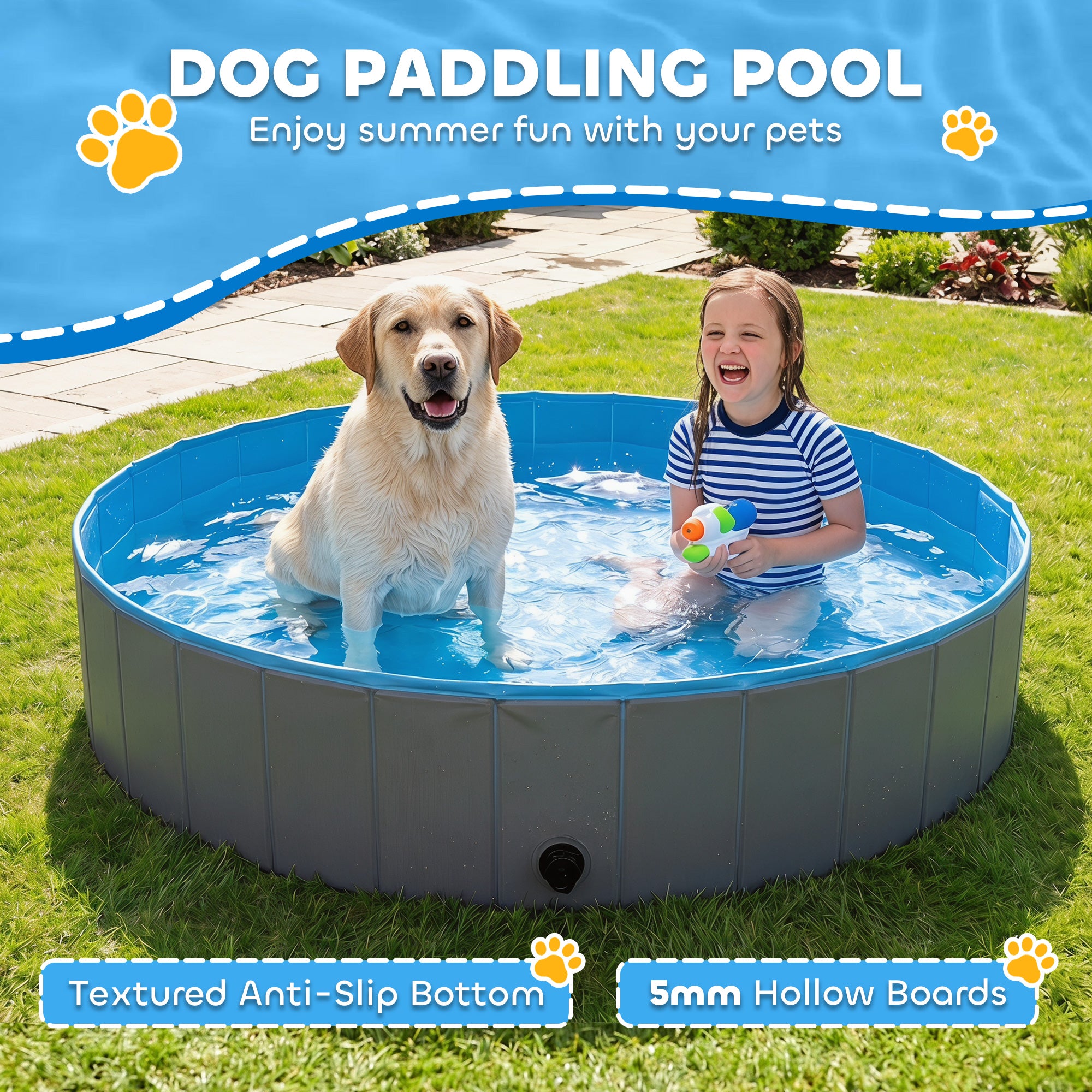 Foldable Dog Pool for Large & Extra-Large Dogs — 63 x 11.8 in (160 x 30 cm), Non-Inflatable, Anti-Slip, Dark Gray
