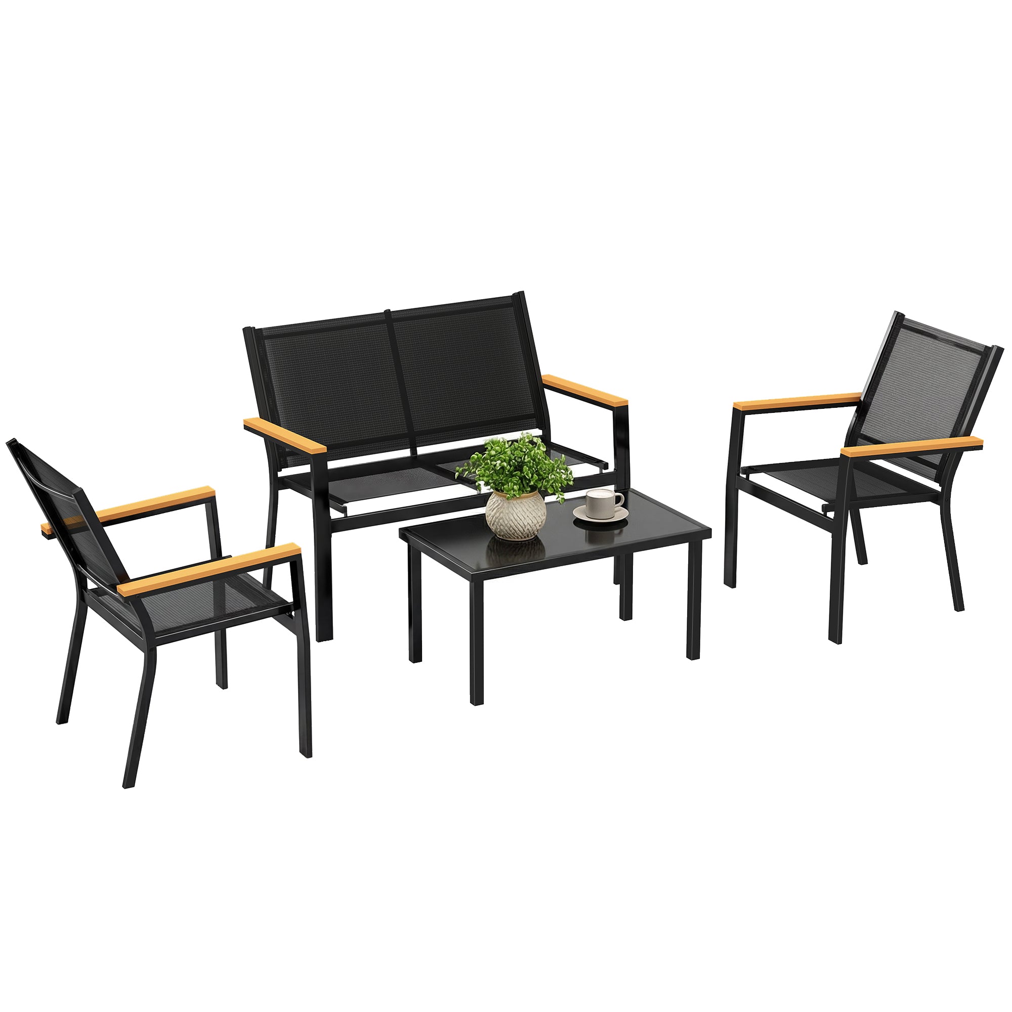 4-Piece Outdoor Patio Furniture Set — 2-Seat Sofa, 2 Armchairs & Tempered Glass Coffee Table, Textilene Fabric, Wide Composite Wood-Look Armrests, Black