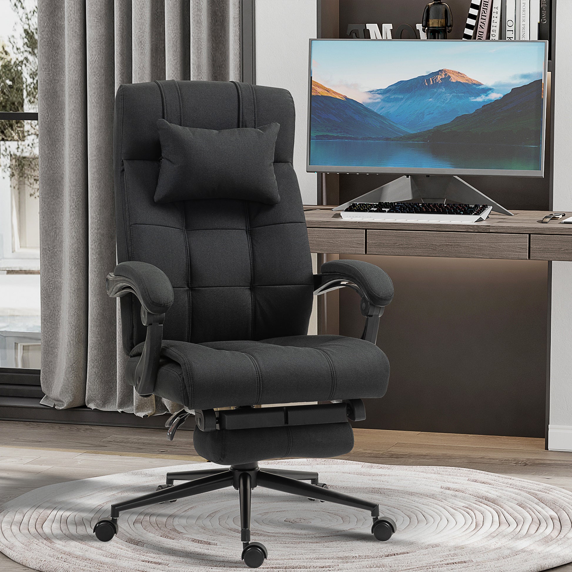 Office Chair Ergonomic Desk Chair with Reclining Function, Headrest, Armrest, Height Adjustable Swivel Chair with Footrest Linen Look Black
