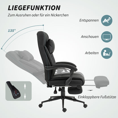 Office Chair Ergonomic Desk Chair with Reclining Function, Headrest, Armrest, Height Adjustable Swivel Chair with Footrest Linen Look Black