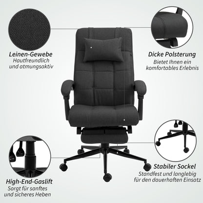 Office Chair Ergonomic Desk Chair with Reclining Function, Headrest, Armrest, Height Adjustable Swivel Chair with Footrest Linen Look Black