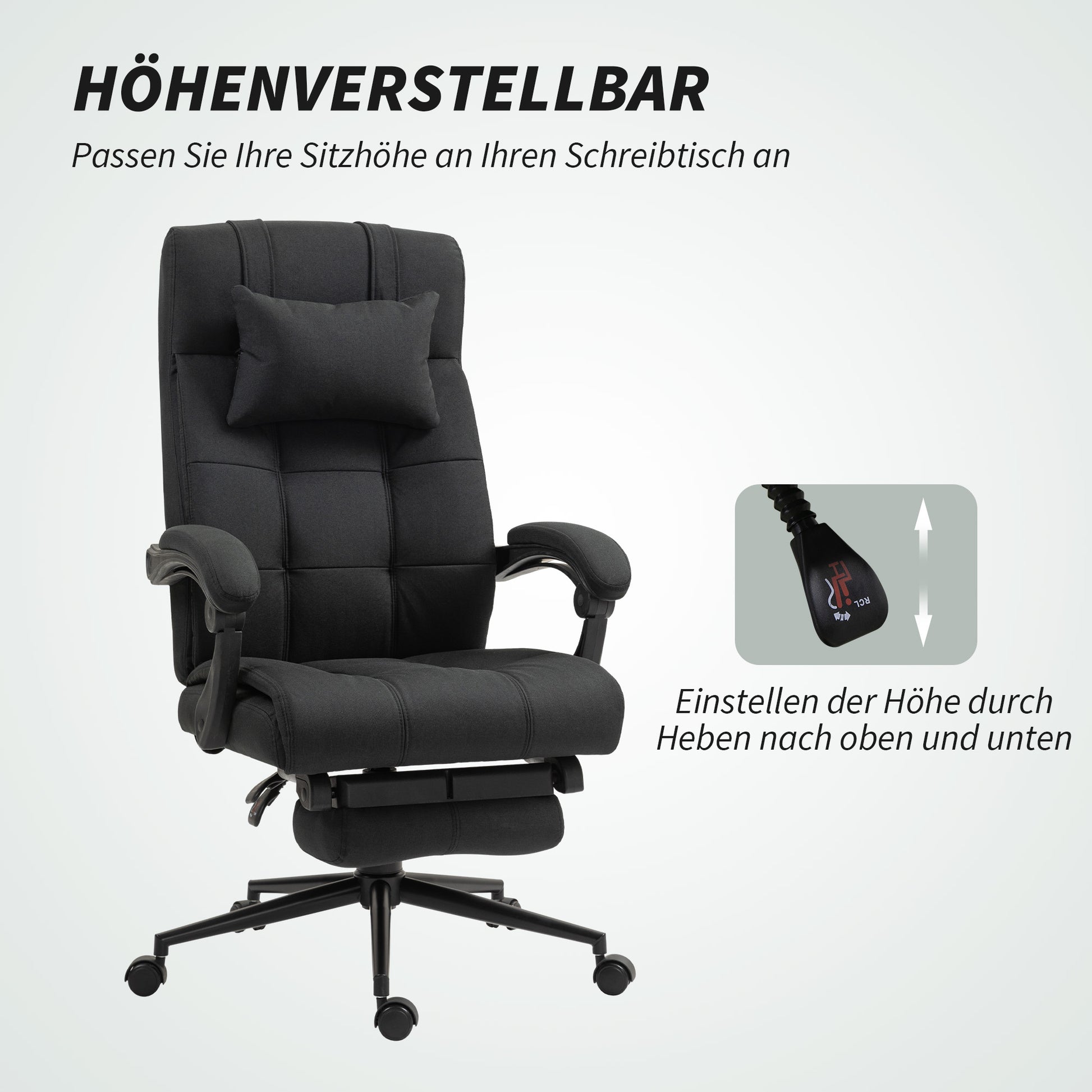 Office Chair Ergonomic Desk Chair with Reclining Function, Headrest, Armrest, Height Adjustable Swivel Chair with Footrest Linen Look Black