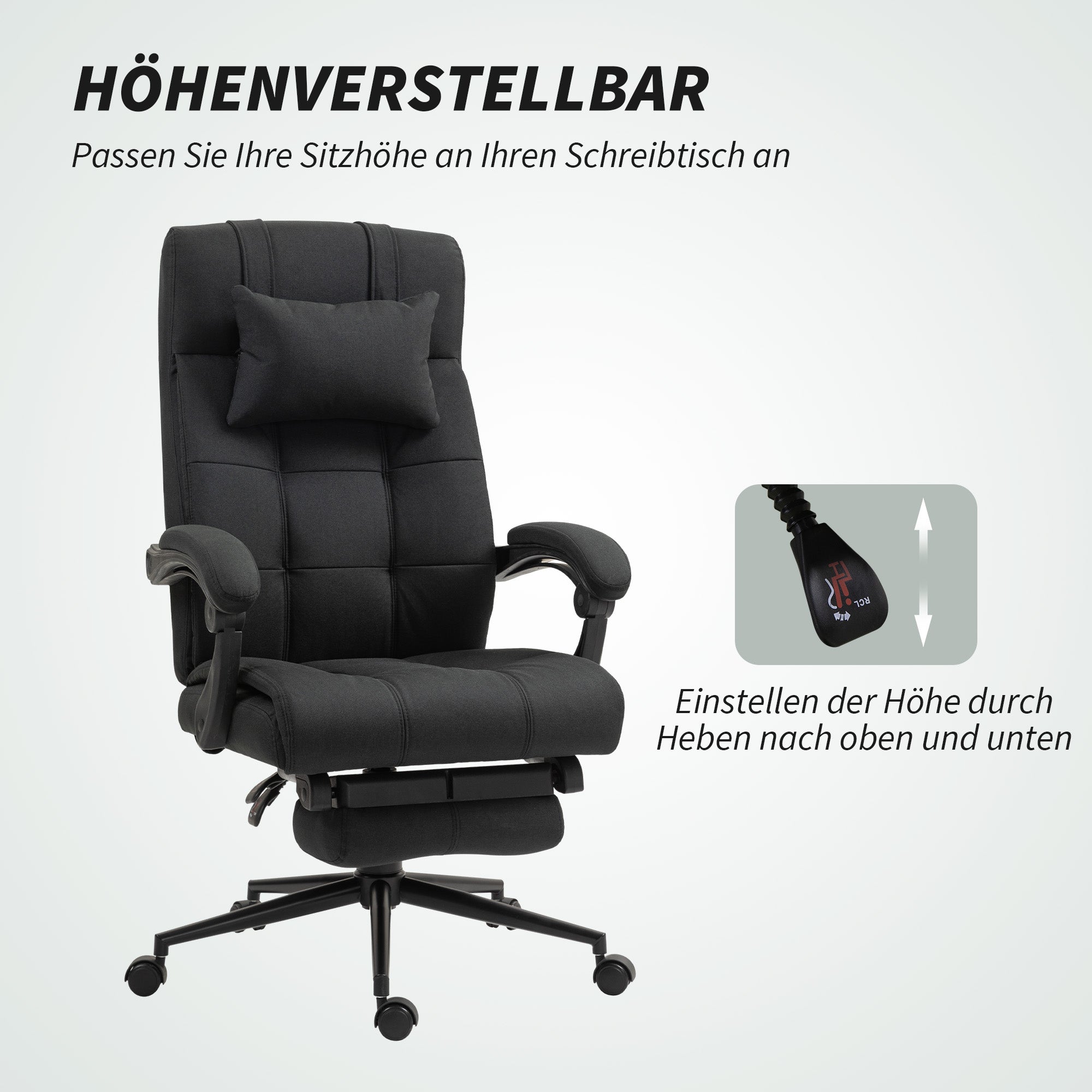 Office Chair Ergonomic Desk Chair with Reclining Function, Headrest, Armrest, Height Adjustable Swivel Chair with Footrest Linen Look Black