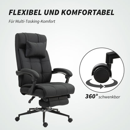 Office Chair Ergonomic Desk Chair with Reclining Function, Headrest, Armrest, Height Adjustable Swivel Chair with Footrest Linen Look Black