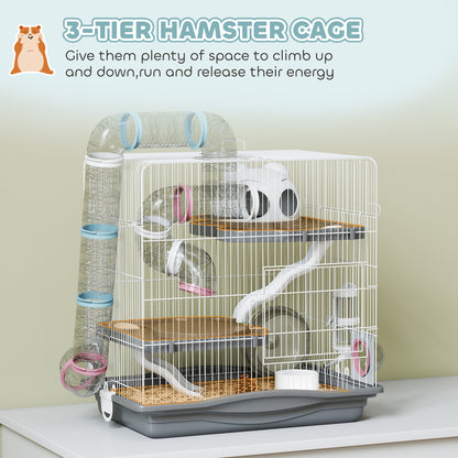 3-Level Hamster Cage with 14 Tubes, House, Ramp, Bowls, Water Bottle & Drip Tray — Metal & Plastic, 45 x 30 x 45 cm (17.7 x 11.8 x 17.7 in), Grey