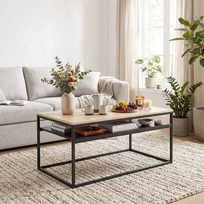 Coffee Table with Shelf, Modern Industrial Side Table for Living Room or Bedroom, 39.4 x 23.6 x 18.5 in (100 x 59.8 x 47 cm), Oak