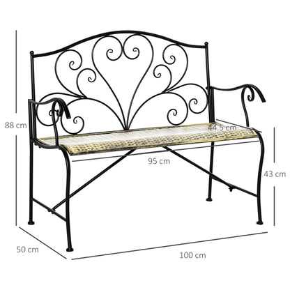 Vintage Style Iron Garden Bench, 2-Seater Outdoor Bench, 100x50x88cm, Black