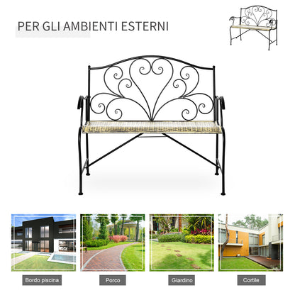 Vintage Style Iron Garden Bench, 2-Seater Outdoor Bench, 100x50x88cm, Black