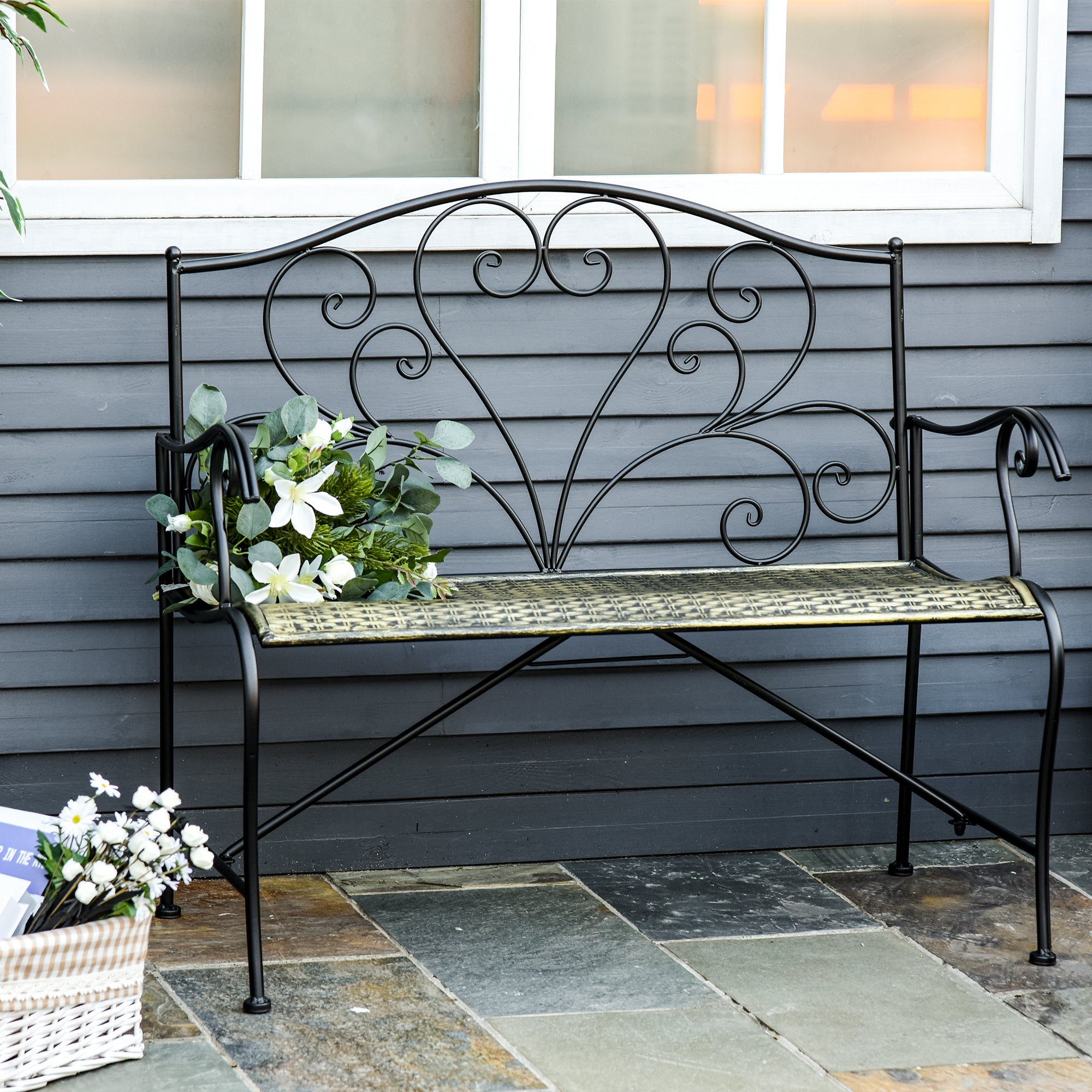 Vintage Style Iron Garden Bench, 2-Seater Outdoor Bench, 100x50x88cm, Black