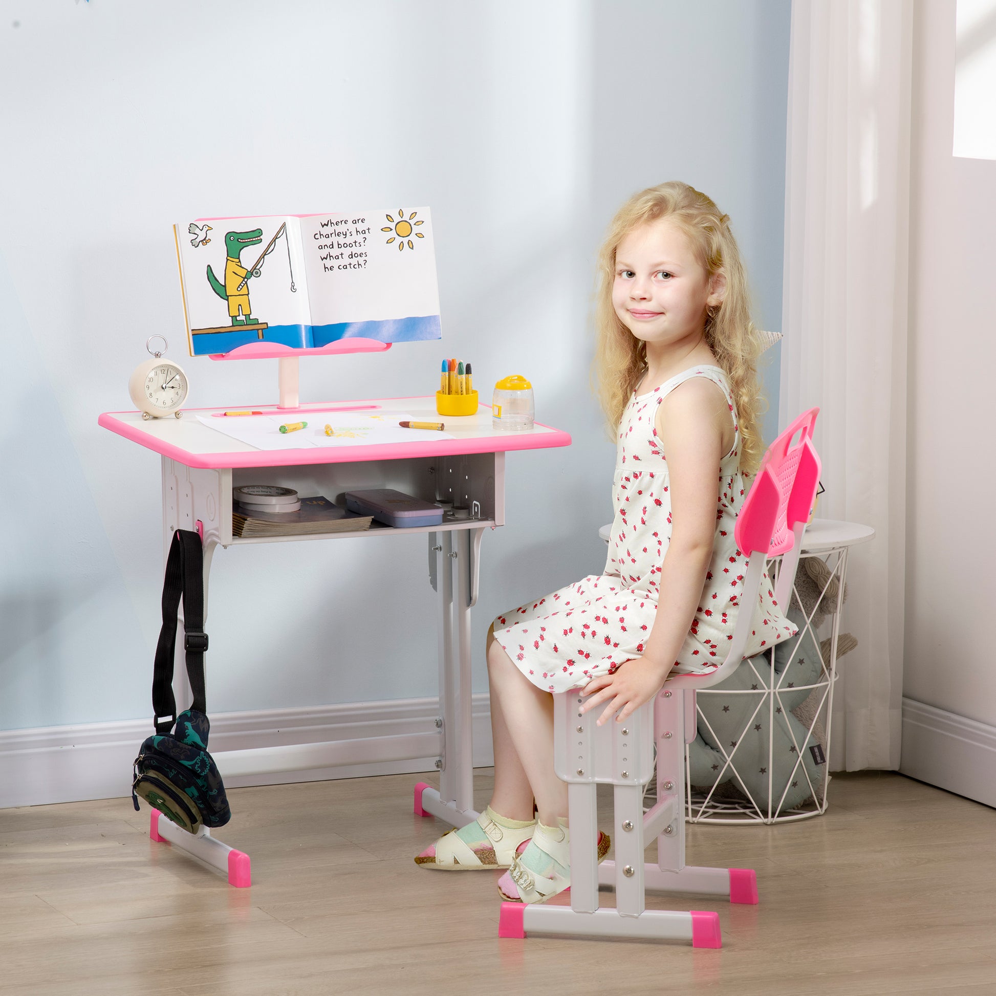 Kids Desk and Chair Set for 6-12 Year Olds Adjustable Height Children's Desk with 1 Drawer 1 Pencil Slot and 1 Bookshelf Steel 60x45x90-102 cm Pink