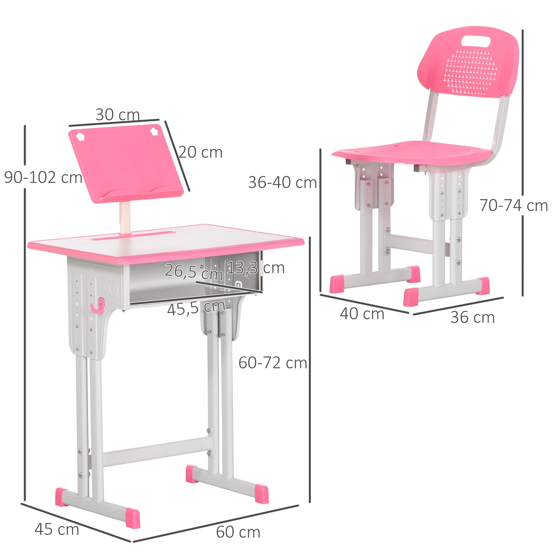 Kids Desk and Chair Set for 6-12 Year Olds Adjustable Height Children's Desk with 1 Drawer 1 Pencil Slot and 1 Bookshelf Steel 60x45x90-102 cm Pink
