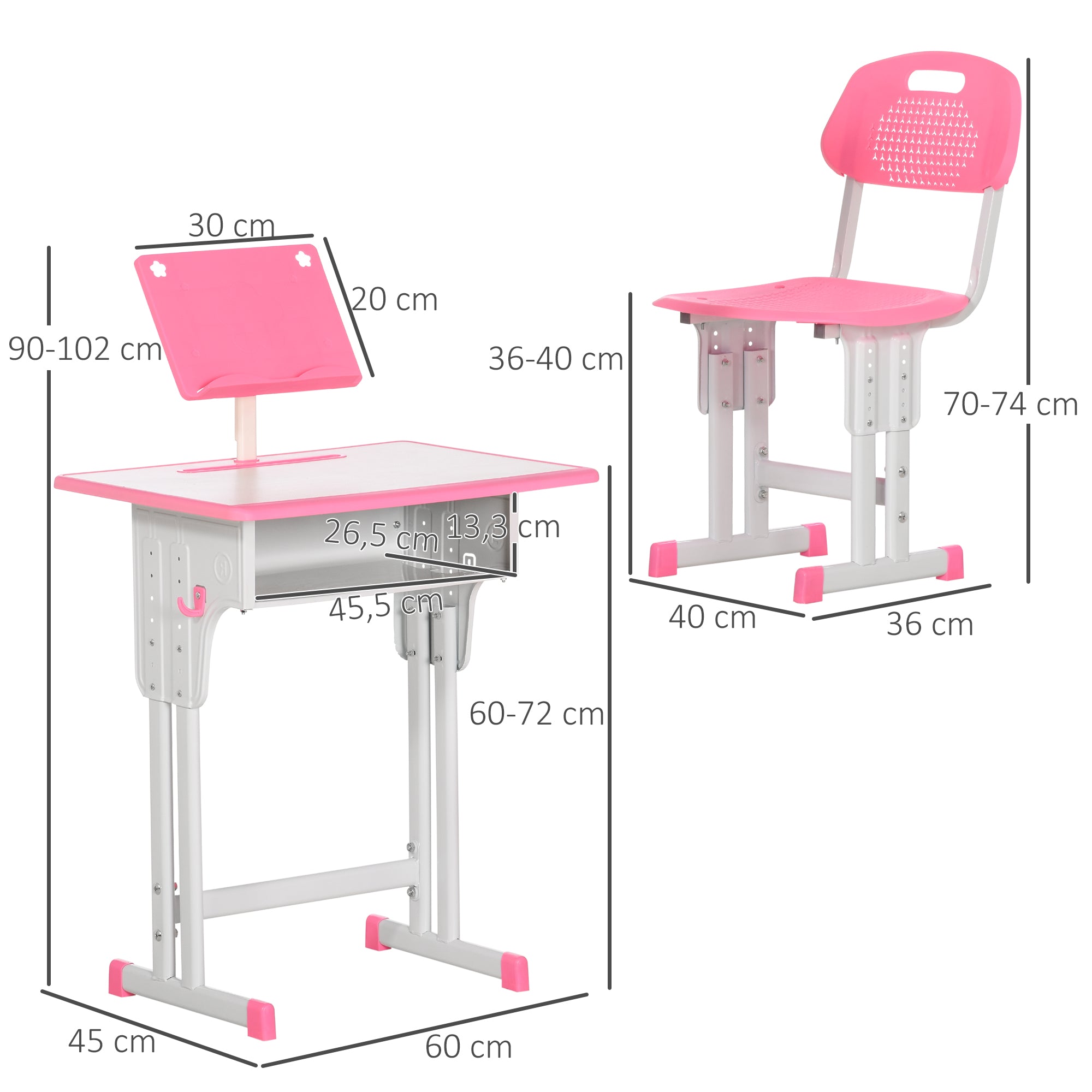 Kids Desk and Chair Set for 6-12 Year Olds Adjustable Height Children's Desk with 1 Drawer 1 Pencil Slot and 1 Bookshelf Steel 60x45x90-102 cm Pink
