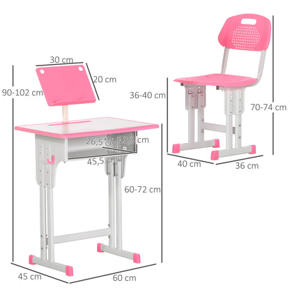 Kids Desk and Chair Set for 6-12 Year Olds Adjustable Height Children's Desk with 1 Drawer 1 Pencil Slot and 1 Bookshelf Steel 60x45x90-102 cm Pink
