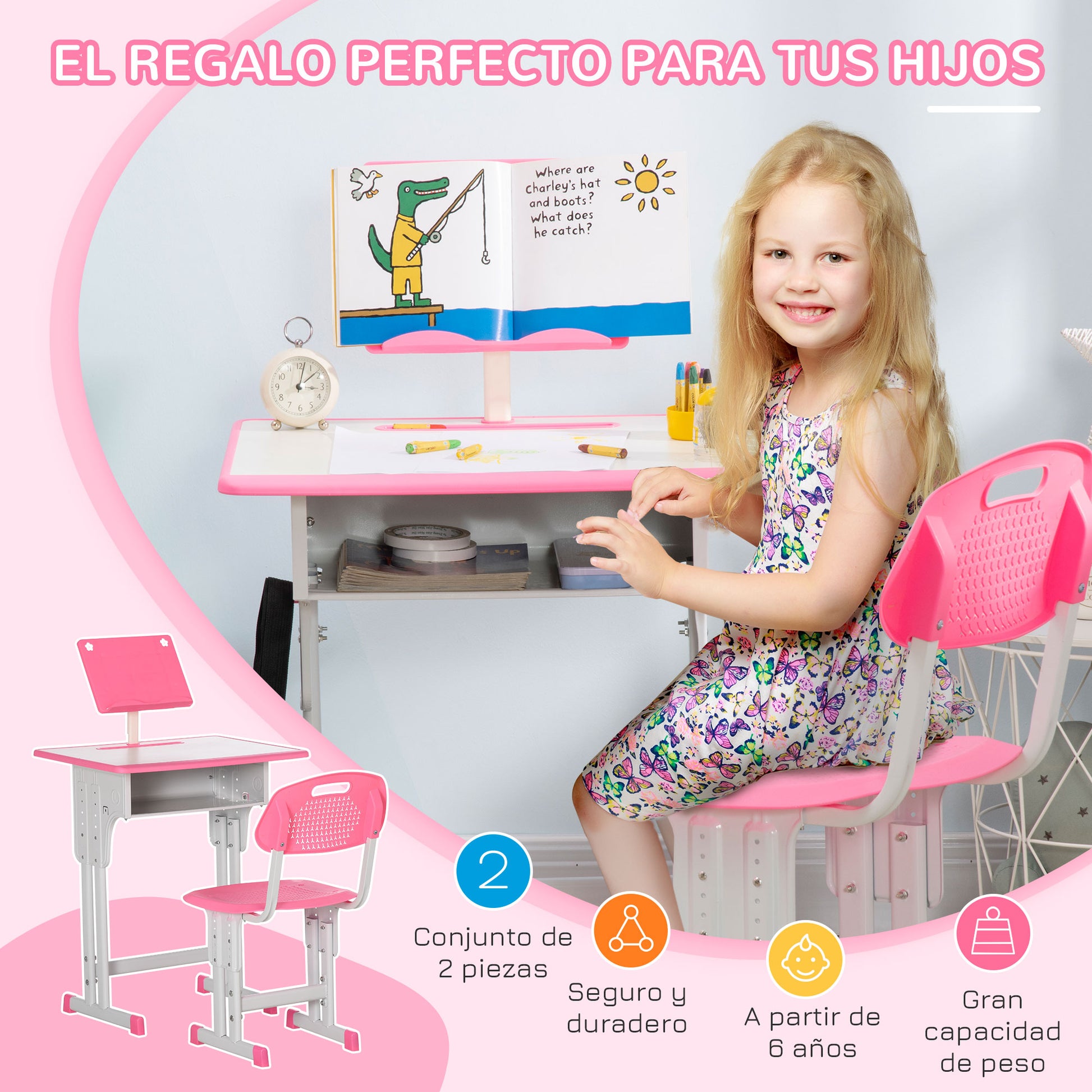 Kids Desk and Chair Set for 6-12 Year Olds Adjustable Height Children's Desk with 1 Drawer 1 Pencil Slot and 1 Bookshelf Steel 60x45x90-102 cm Pink