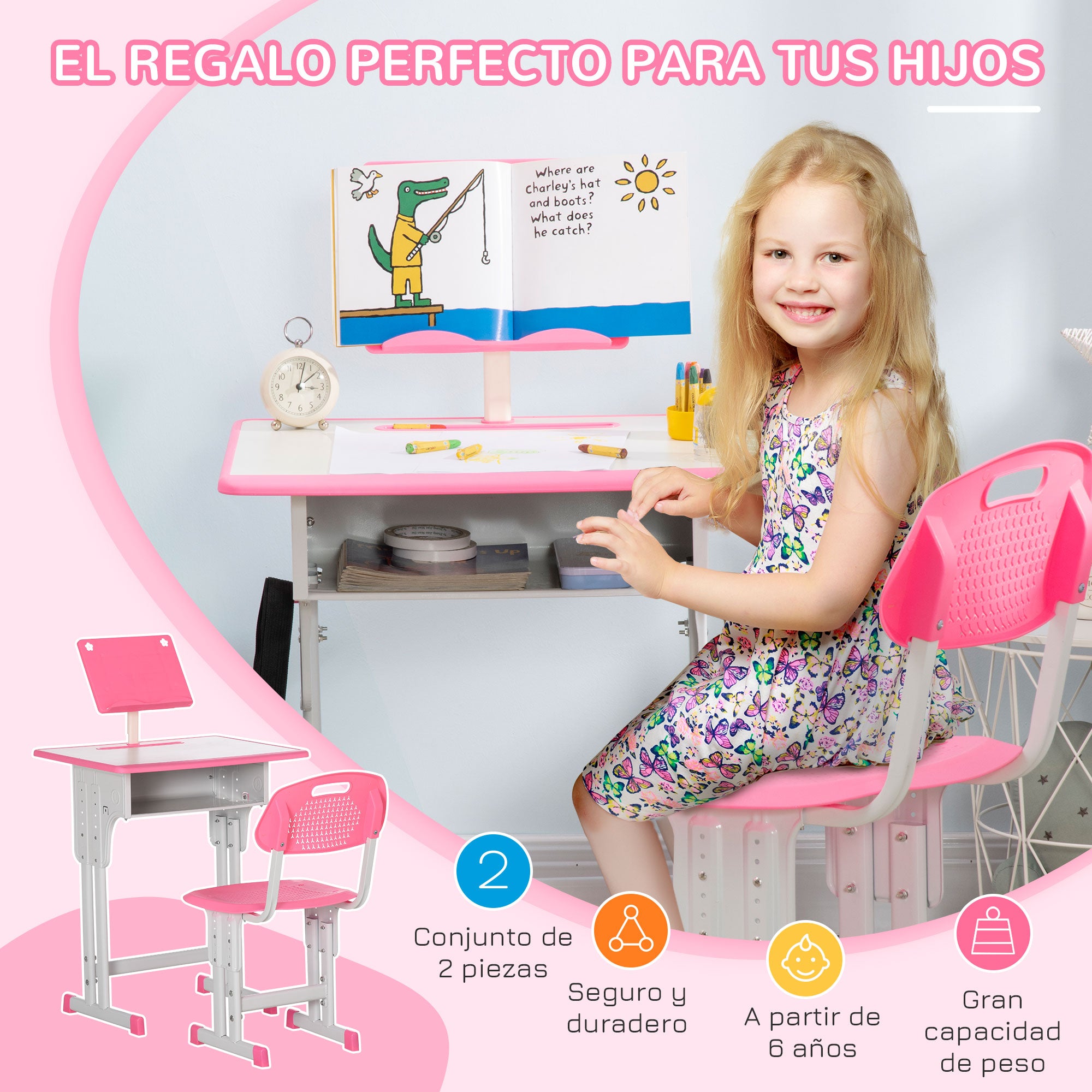 Kids Desk and Chair Set for 6-12 Year Olds Adjustable Height Children's Desk with 1 Drawer 1 Pencil Slot and 1 Bookshelf Steel 60x45x90-102 cm Pink