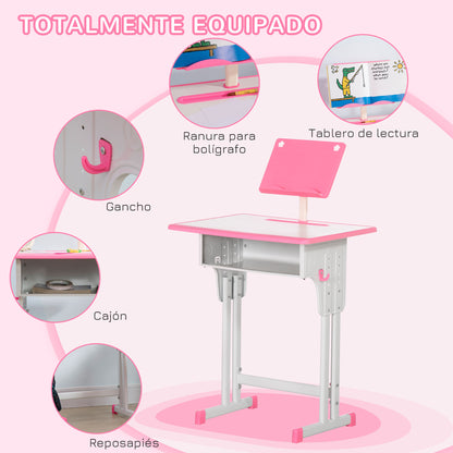 Kids Desk and Chair Set for 6-12 Year Olds Adjustable Height Children's Desk with 1 Drawer 1 Pencil Slot and 1 Bookshelf Steel 60x45x90-102 cm Pink