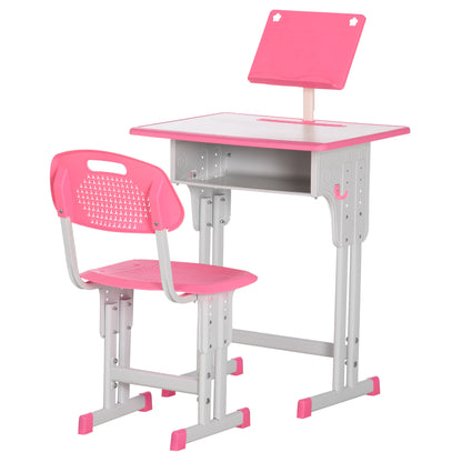 Kids Desk and Chair Set for 6-12 Year Olds Adjustable Height Children's Desk with 1 Drawer 1 Pencil Slot and 1 Bookshelf Steel 60x45x90-102 cm Pink