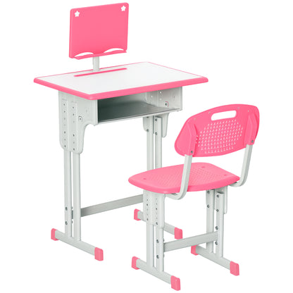Kids Desk and Chair Set for 6-12 Year Olds Adjustable Height Children's Desk with 1 Drawer 1 Pencil Slot and 1 Bookshelf Steel 60x45x90-102 cm Pink