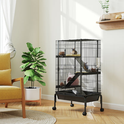 Small Animal 4-Level Cage Rodent Cage with Wheels Ramps Bowl Water Bottle and Removable Tray Enclosure for Rabbits Chinchillas Ferrets Guinea Pig 69x44x120 cm Black