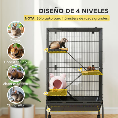 Small Animal 4-Level Cage Rodent Cage with Wheels Ramps Bowl Water Bottle and Removable Tray Enclosure for Rabbits Chinchillas Ferrets Guinea Pig 69x44x120 cm Black