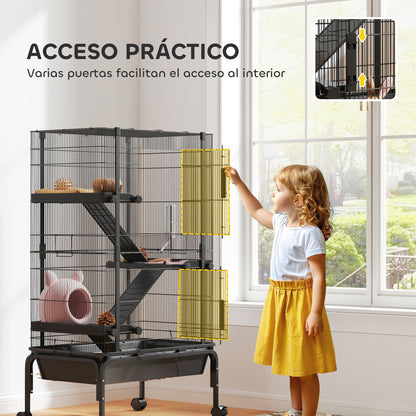 Small Animal 4-Level Cage Rodent Cage with Wheels Ramps Bowl Water Bottle and Removable Tray Enclosure for Rabbits Chinchillas Ferrets Guinea Pig 69x44x120 cm Black