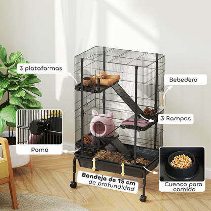 Small Animal 4-Level Cage Rodent Cage with Wheels Ramps Bowl Water Bottle and Removable Tray Enclosure for Rabbits Chinchillas Ferrets Guinea Pig 69x44x120 cm Black