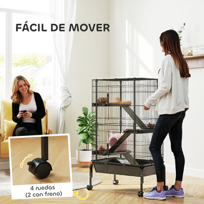 Small Animal 4-Level Cage Rodent Cage with Wheels Ramps Bowl Water Bottle and Removable Tray Enclosure for Rabbits Chinchillas Ferrets Guinea Pig 69x44x120 cm Black